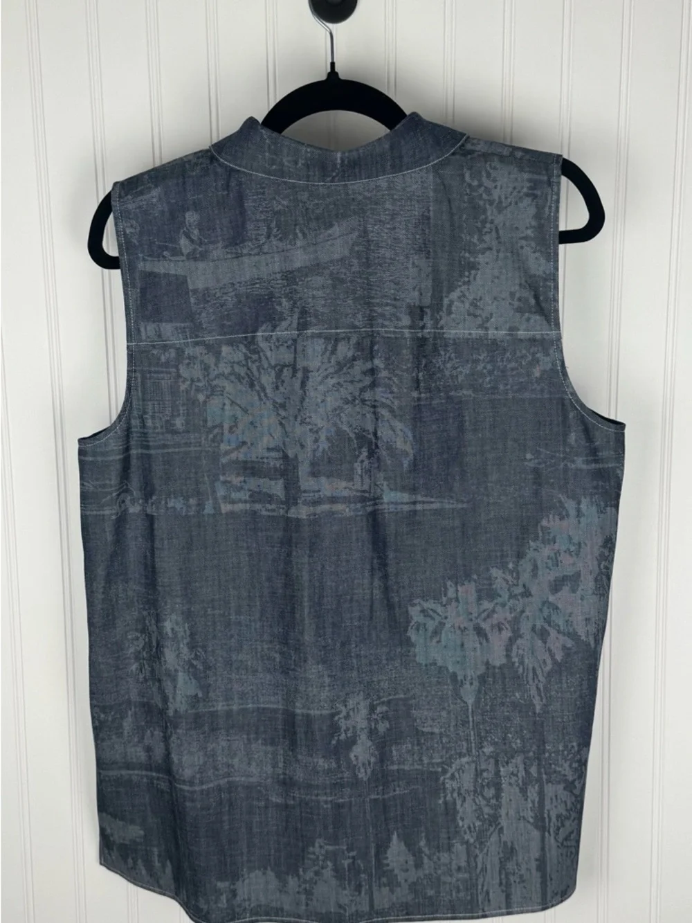 Lafayette 148 Sleeveless Button Front Blouse Indigo Print Cotton Size L NWT - Picture 2 of 7